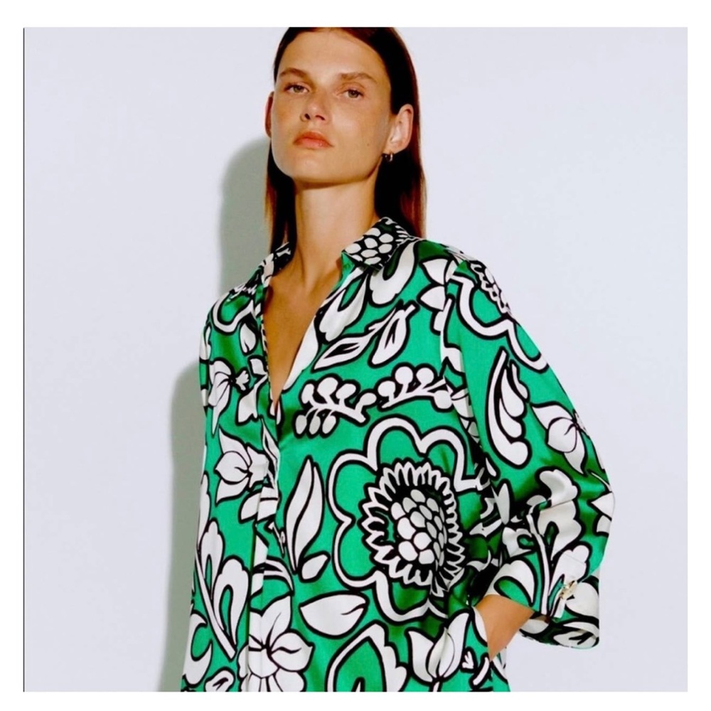 Zara Long Floral Print Tunic Blouse Size L